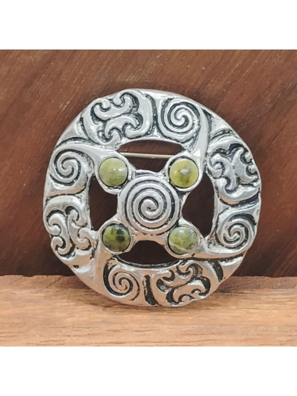Vtg Signed Celtic PJC Ireland Pewter Green Marble Shield Brooch Stamped Designs